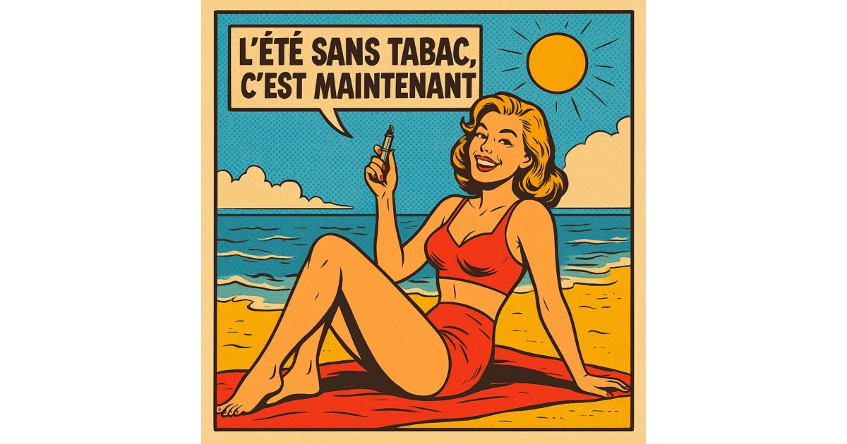 Illustration rétro façon bande dessinée d’une femme souriante en maillot rouge assise sur une plage ensoleillée, tenant une cigarette électronique avec le message « L’été sans tabac, c’est maintenant ».