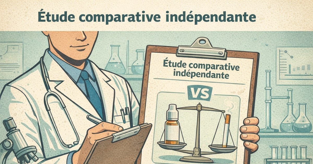 Illustration rétro montrant une étude indépendante comparant les e-liquides à la cigarette traditionnelle en laboratoire