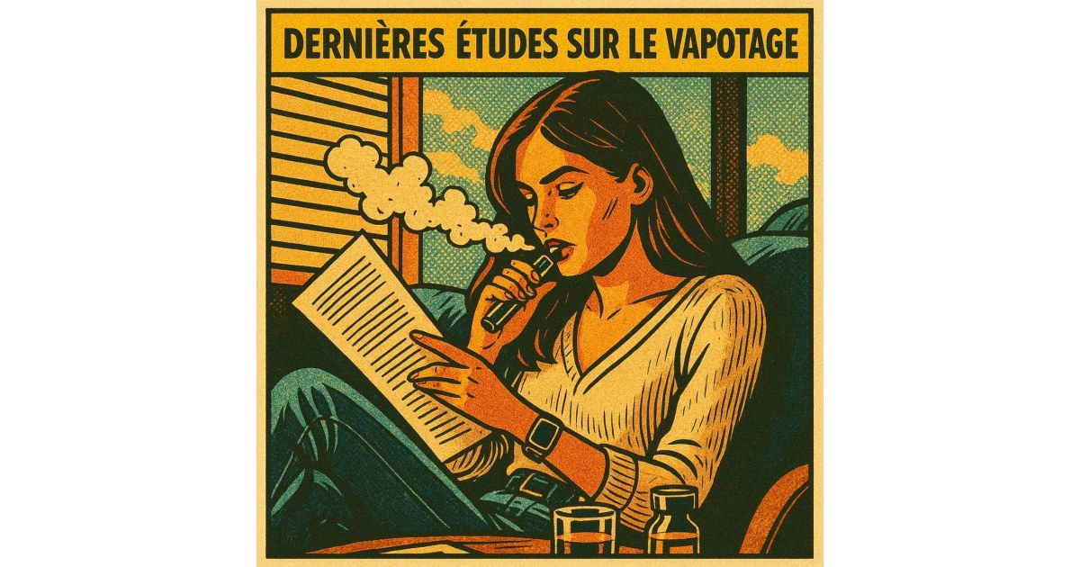 Illustration de style bande dessinée rétro représentant une jeune femme assise sur un canapé, en train de vapoter tout en lisant un document, avec un titre en haut en français : "DERNIÈRES ÉTUDES SUR LE VAPOTAGE". L’image présente des couleurs chaudes et 