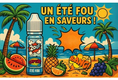 Illustration rétro comic book d’un flacon d’e-liquide Été Fou 2OUF au centre d’une plage tropicale stylisée, entouré de palmiers, parasols et fruits colorés, avec le titre “UN ÉTÉ FOU EN SAVEURS !” en haut.