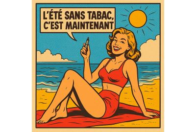 Illustration rétro façon bande dessinée d’une femme souriante en maillot rouge assise sur une plage ensoleillée, tenant une cigarette électronique avec le message « L’été sans tabac, c’est maintenant ».