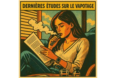 Illustration de style bande dessinée rétro représentant une jeune femme assise sur un canapé, en train de vapoter tout en lisant un document, avec un titre en haut en français : "DERNIÈRES ÉTUDES SUR LE VAPOTAGE". L’image présente des couleurs chaudes et 
