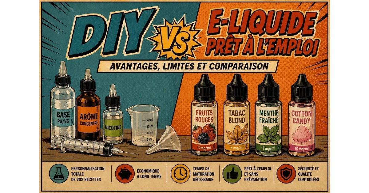 Illustration rétro style bande dessinée comparant le DIY e-liquide et les e-liquides prêts à l'emploi avec les ingrédients nécessaires à la fabrication, les principaux avantages et les différences entre les deux solutions.