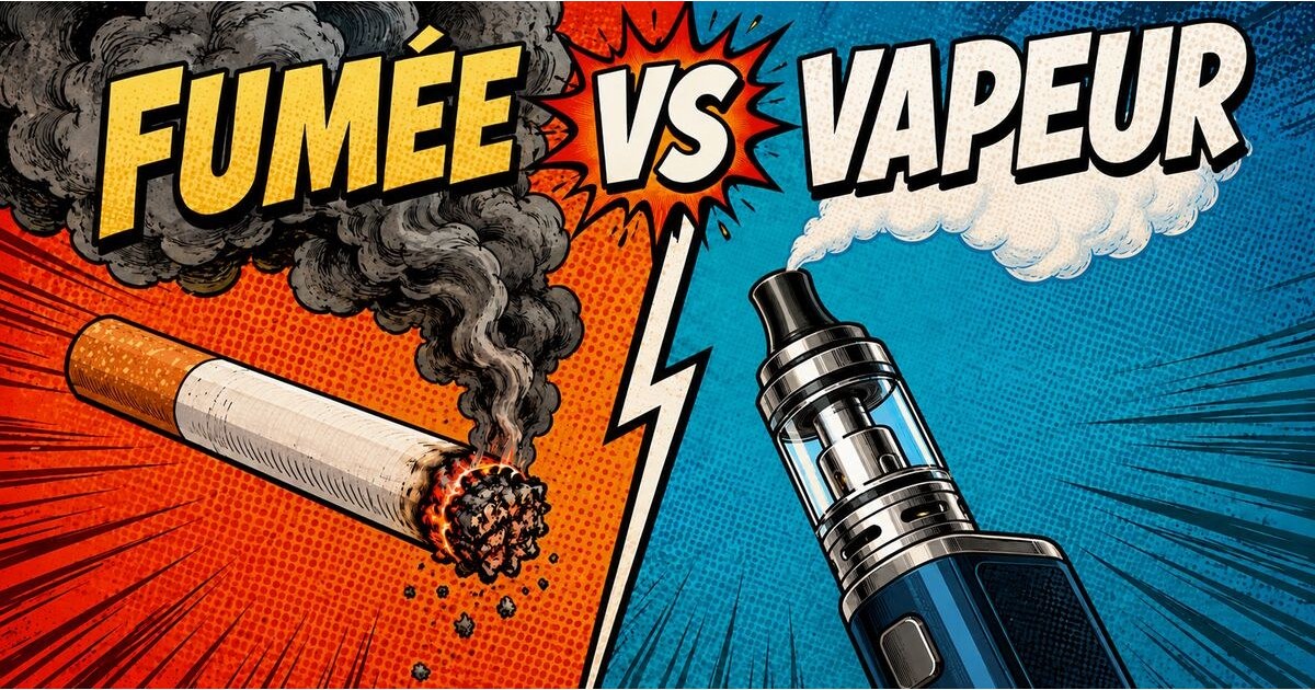 Illustration comparant la fumée d’une cigarette à la vapeur produite par une cigarette électronique.