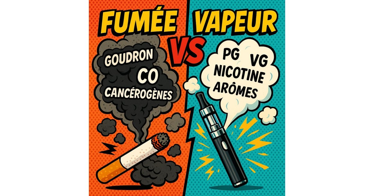 Illustration pop art comparant fumée et vapeur : à gauche une cigarette produisant goudron, CO et cancérogènes ; à droite une e-cigarette libérant PG, VG, nicotine et arômes.