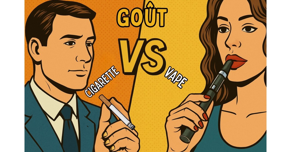 Illustration pop art montrant un homme tenant une cigarette face à une femme utilisant une cigarette électronique, avec un “VS” entre les deux pour comparer le goût.