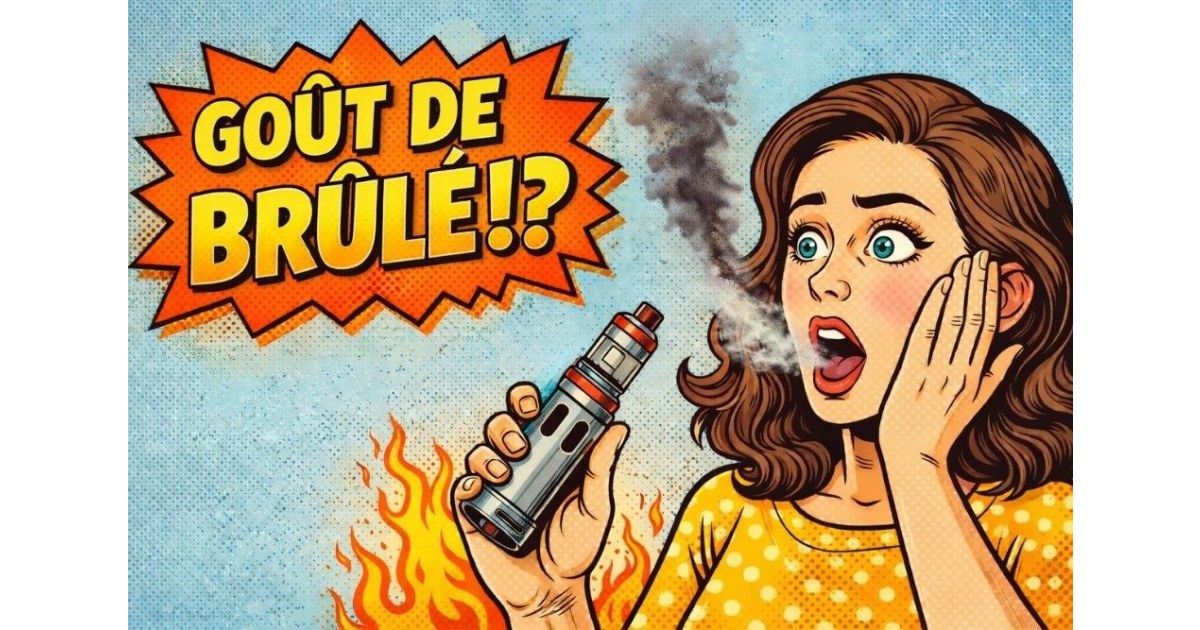 Illustration pop art d’une vapoteuse surprise par un goût de brûlé avec une cigarette électronique