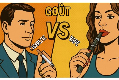 Illustration pop art montrant un homme tenant une cigarette face à une femme utilisant une cigarette électronique, avec un “VS” entre les deux pour comparer le goût.