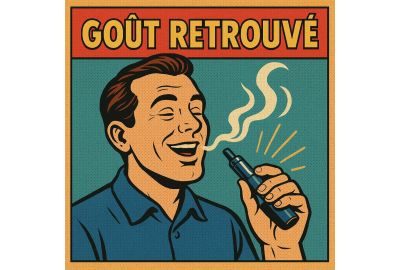 Illustration rétro (1200 × 1200) d’un homme vapotant, “GOÛT RETROUVÉ” en haut, traits halftone et explosion vintage derrière la vapeur stylisée.