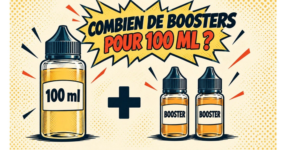 Illustration d’un flacon de 100 ml accompagné de deux boosters de nicotine.