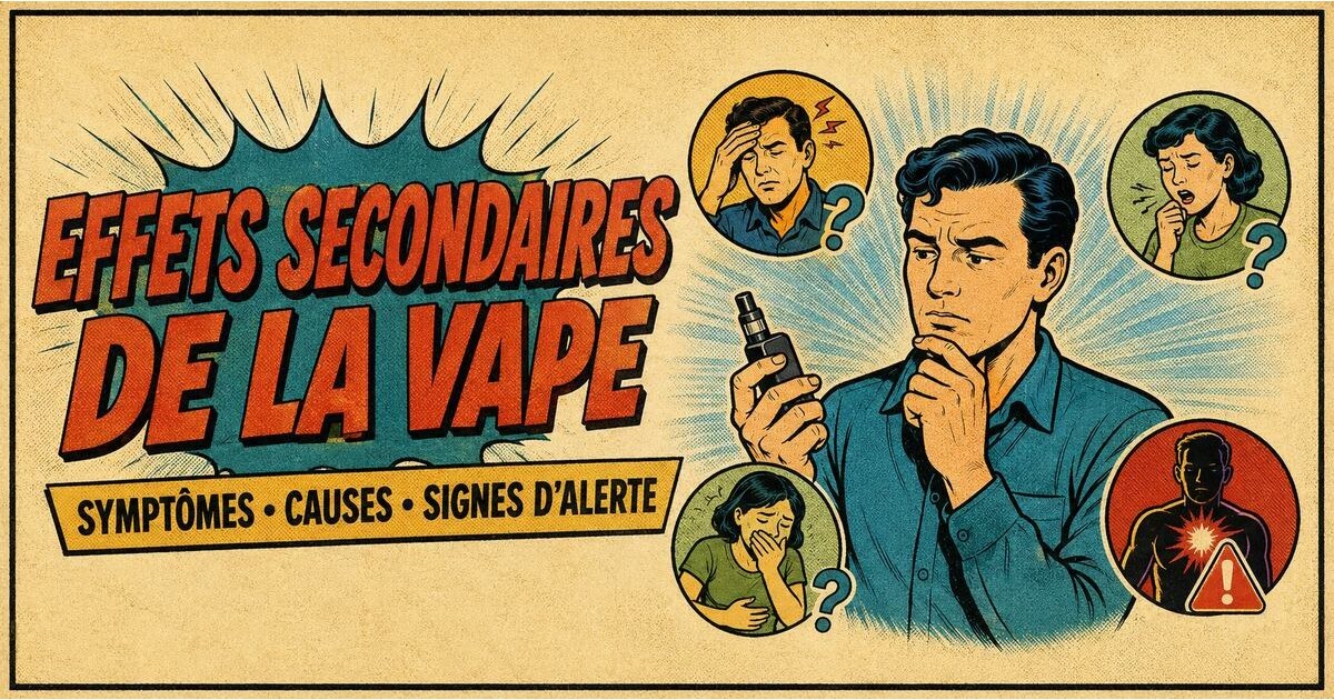 Illustration rétro sur les effets secondaires de la cigarette électronique, leurs causes possibles et les signes d’alerte