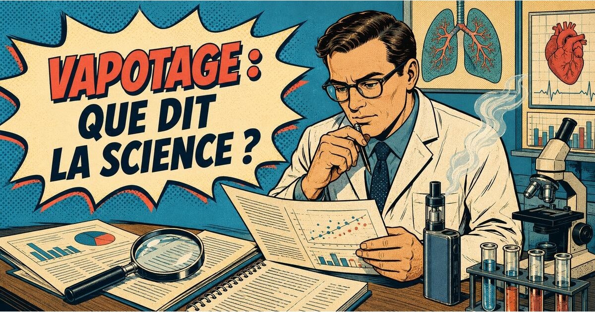 Illustration rétro d’un scientifique examinant les études sur le vapotage