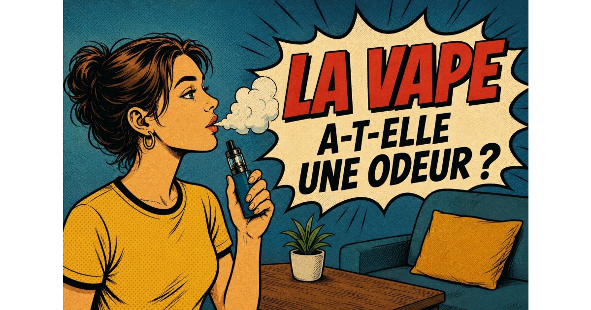 Femme vapotant dans un salon avec le titre « La vape a-t-elle une odeur ? »