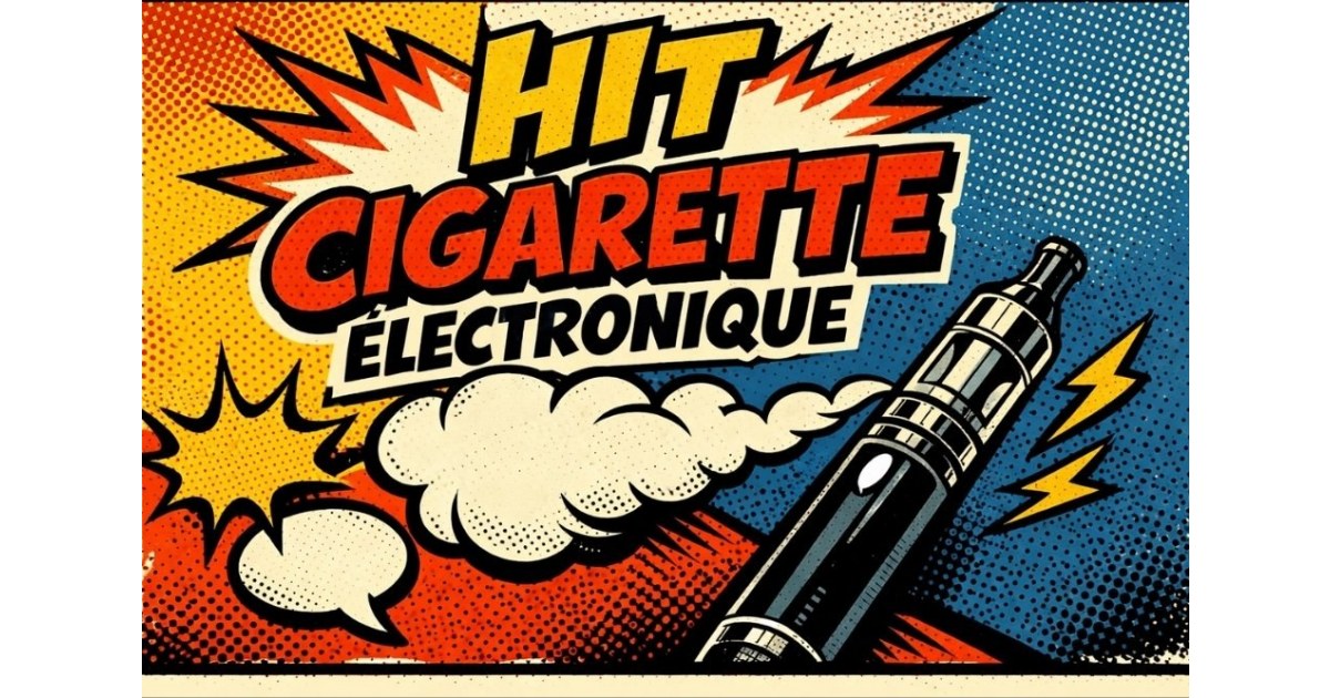Illustration rétro style bande dessinée avec gros lettrage “HIT CIGARETTE ÉLECTRONIQUE”, contours noirs épais, effet halftone rouge et bleu, et vape stylisée en format paysage 16:9.