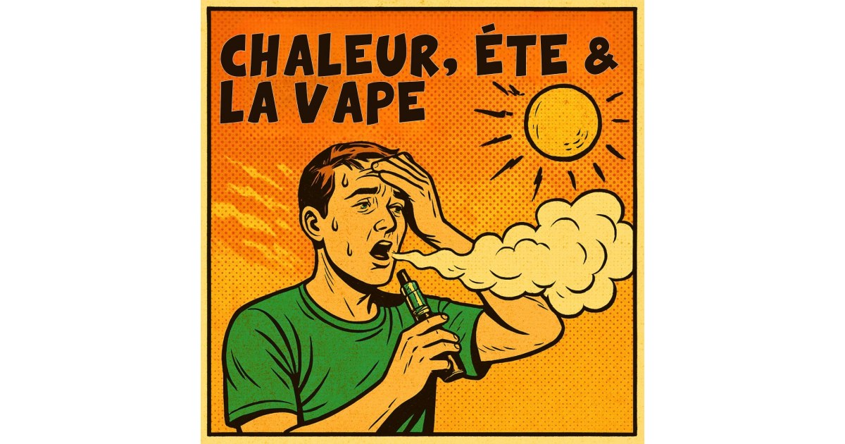 Illustration rétro de style BD montrant un homme d’âge mûr transpirant sous le soleil en vapotant, avec le titre "Chaleur Été & Vape" en haut.