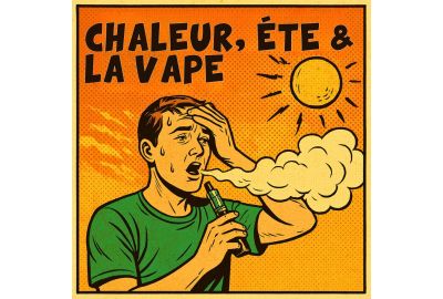 Illustration rétro de style BD montrant un homme d’âge mûr transpirant sous le soleil en vapotant, avec le titre "Chaleur Été & Vape" en haut.