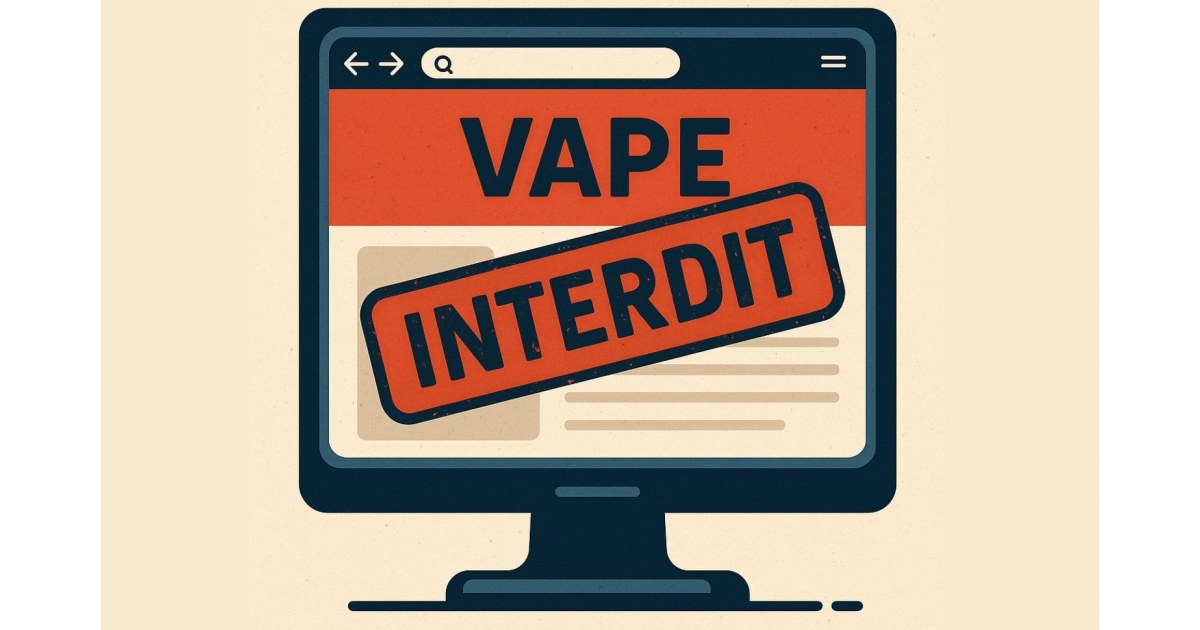 Illustration vectorielle montrant un site de vape bloqué sur un ordinateur, avec un message d’interdiction en français symbolisant la future interdiction de la vente en ligne de produits de vapotage.