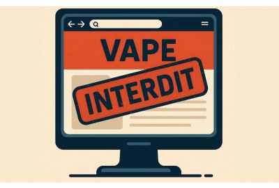 Illustration vectorielle montrant un site de vape bloqué sur un ordinateur, avec un message d’interdiction en français symbolisant la future interdiction de la vente en ligne de produits de vapotage.