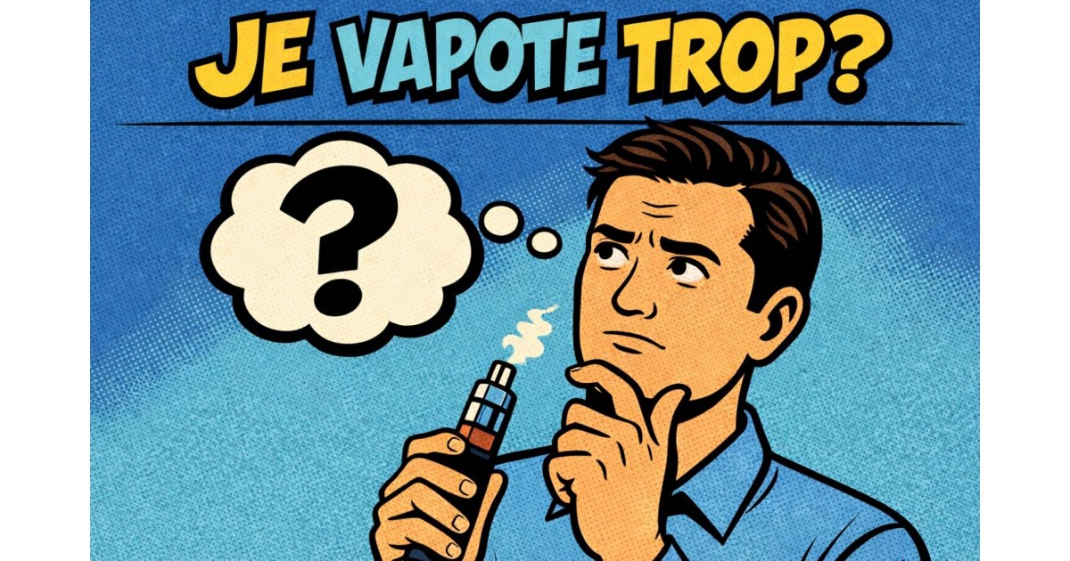 Illustration en style bande dessinée montrant un homme tenant une cigarette électronique et s’interrogeant sur sa consommation de vapotage
