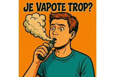 Illustration carrée style pop art représentant une personne perplexe et pensive avec une cigarette électronique à la main, exprimant la surconsommation ou l’addiction à la vape.