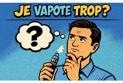Illustration en style bande dessinée montrant un homme tenant une cigarette électronique et s’interrogeant sur sa consommation de vapotage
