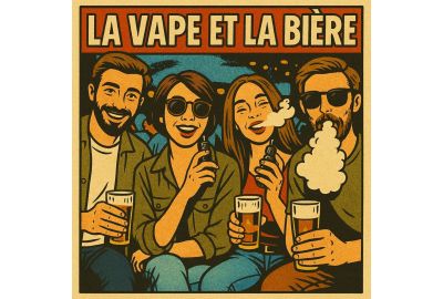 Illustration style rétro BD montrant un groupe de jeunes adultes souriants en terrasse, tenant des verres de bière et des vapes, sous le titre "LA VAPE ET LA BIÈRE" en lettres de style comic.