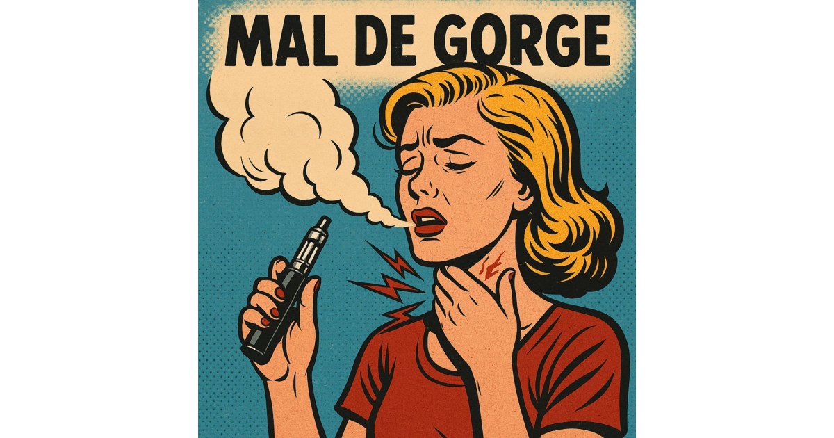 Illustration BD rétro d’une femme souffrant de mal de gorge en vapotant, avec le titre “MAL DE GORGE” et un nuage de vapeur.