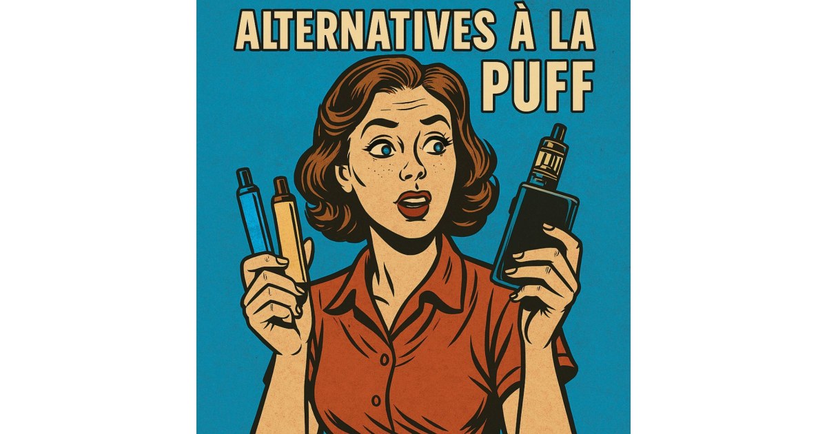 Illustration BD rétro d’une femme tenant plusieurs modèles de vapoteuses, avec le titre centré “ALTERNATIVES À LA PUFF”.