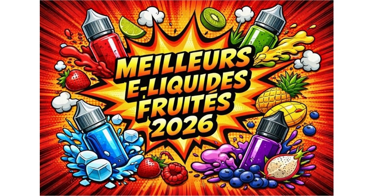 Illustration style bande dessinée des meilleurs e-liquides fruités 2026 avec bouteilles colorées et fruits exotiques