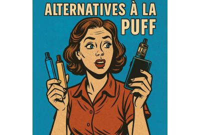 Illustration BD rétro d’une femme tenant plusieurs modèles de vapoteuses, avec le titre centré “ALTERNATIVES À LA PUFF”.