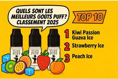 Illustration style comics présentant les trois meilleurs goûts Puff 2025 : Kiwi Passion Guava Ice, Strawberry Ice et Peach Ice de la gamme TUFF PUFF