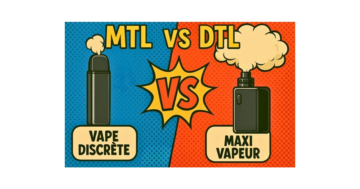 Illustration rétro comic book comparant MTL et DTL : un pod rectangulaire pour MTL avec l’inscription “Vape discrète” à gauche et une box mod pour DTL avec “Maxi vapeur” à droite, séparés par un symbole VS sur fond pop art bleu et rouge.