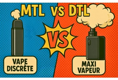Illustration rétro comic book comparant MTL et DTL : un pod rectangulaire pour MTL avec l’inscription “Vape discrète” à gauche et une box mod pour DTL avec “Maxi vapeur” à droite, séparés par un symbole VS sur fond pop art bleu et rouge.