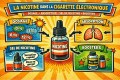 Infographie expliquant la nicotine dans la cigarette électronique : dosage, absorption, sel de nicotine et boosters