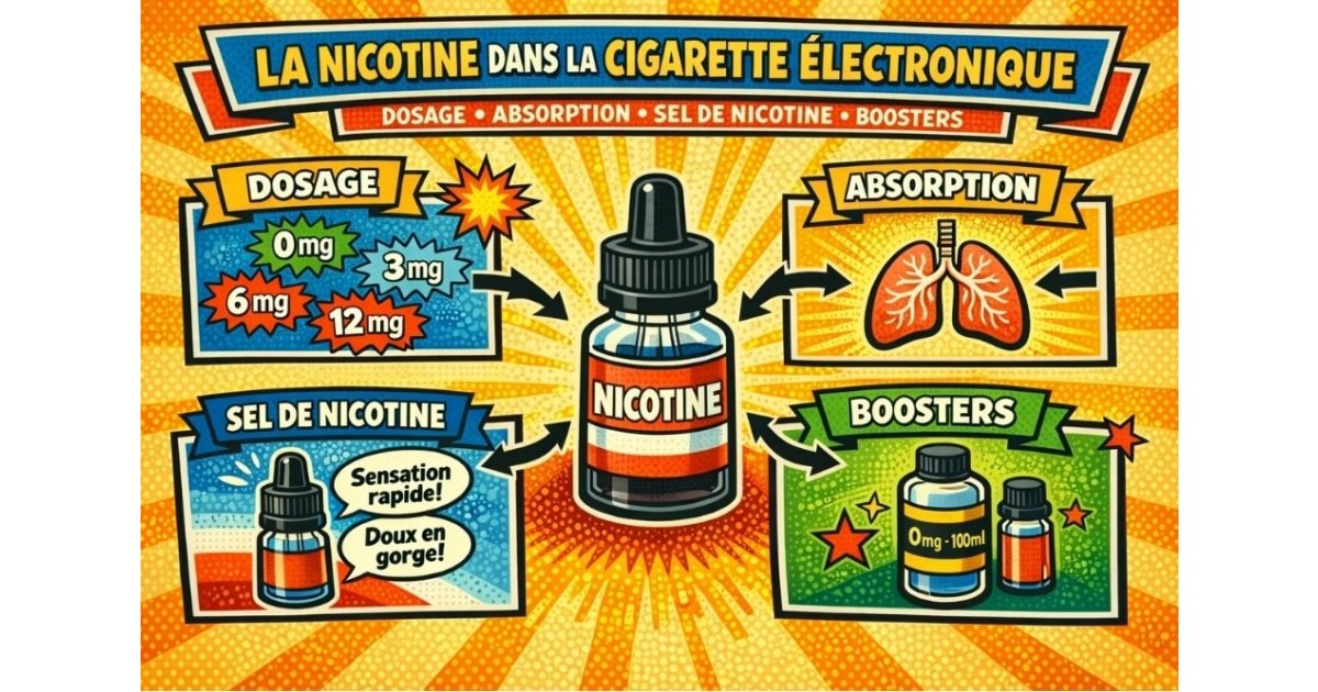 Infographie expliquant la nicotine dans la cigarette électronique : dosage, absorption, sel de nicotine et boosters
