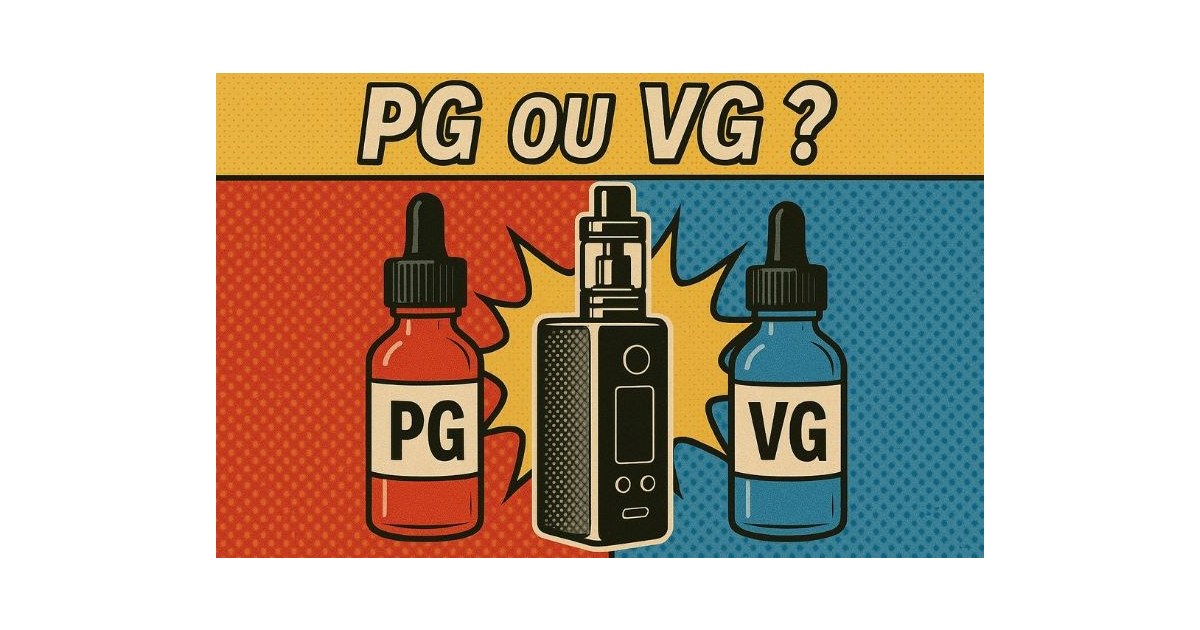 Illustration stylisée en bande dessinée représentant les notions de PG et VG dans les e-liquides.