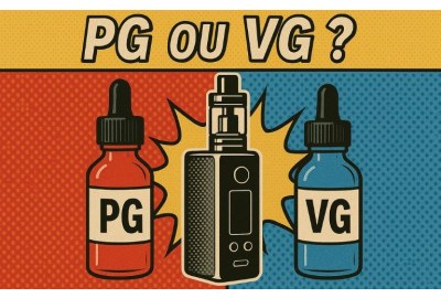 Illustration rétro pop art avec le titre « PG ou VG ? » en lettres noires avec contour blanc ; fond en demi-teintes rouge/orange (PG) et bleu (VG) ; bouteille rouge PG à gauche, bouteille bleue VG à droite ; explosion jaune au centre contenant une cigaret