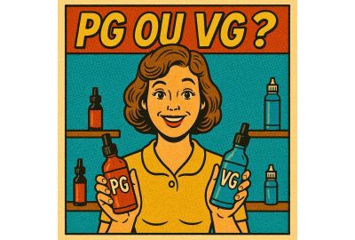 Illustration style rétro BD d'une femme souriante tenant deux flacons étiquetés PG et VG, avec le titre "PG OU VG ?" en lettres de style comic, pour un blog sur les proportions de propylène glycol et glycérine végétale dans la vape.