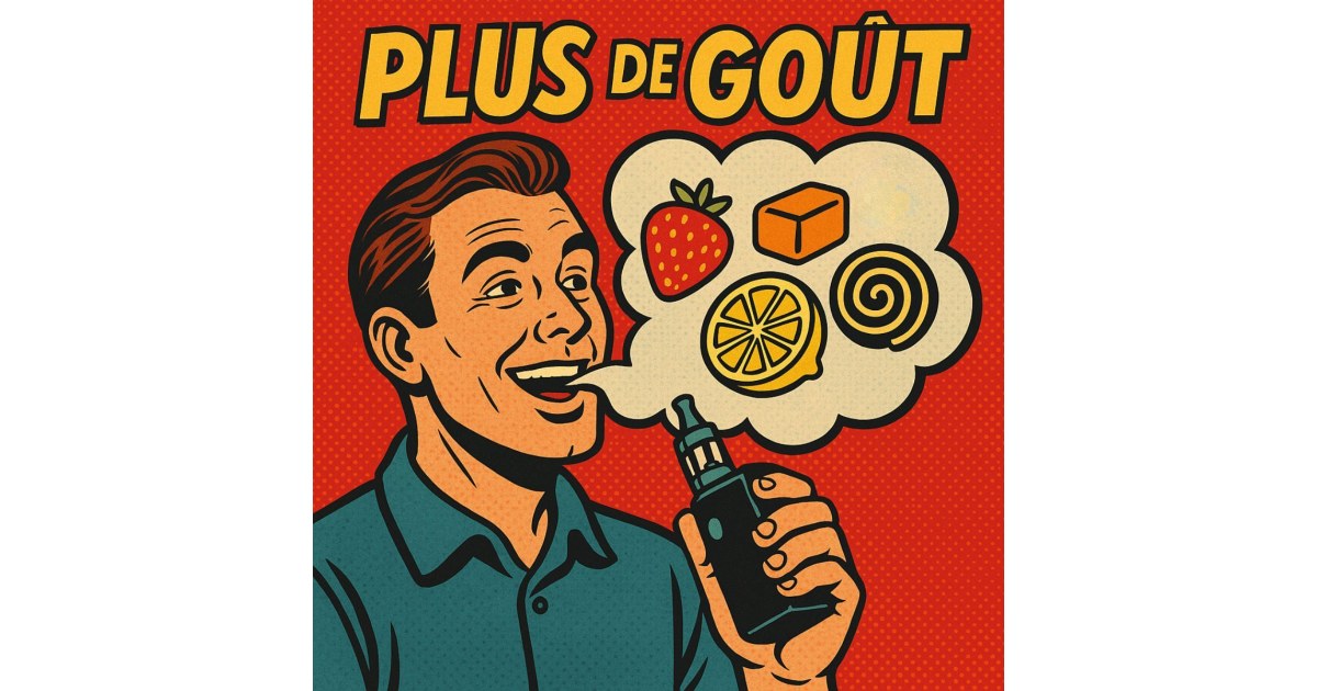 Illustration rétro bande dessinée d’un homme vapotant, avec un nuage de vapeur montrant fraise, caramel, citron et réglisse sous le titre “PLUS DE GOÛT”.