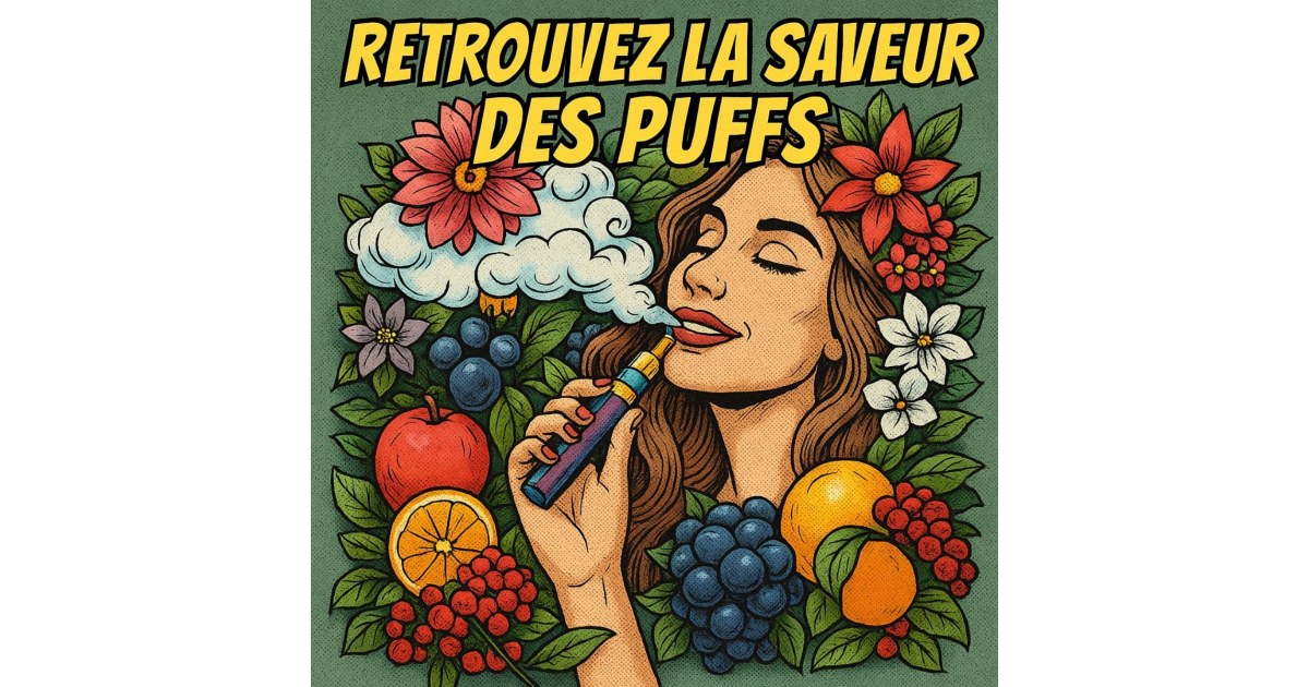 Illustration mettant en valeur les arômes puissants et la douceur des Puffs, avec des éléments fruités et une atmosphère gourmande, inspirée du style pop art.