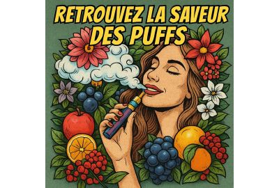 Illustration mettant en valeur les arômes puissants et la douceur des Puffs, avec des éléments fruités et une atmosphère gourmande, inspirée du style pop art.