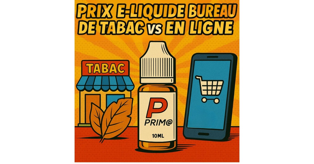 Illustration rétro pop art avec un flacon de e-liquide Prim@ au centre, une boutique de tabac à gauche et un smartphone avec panier e-commerce à droite, accompagnée du titre “Prix e-liquide bureau de tabac vs en ligne”.
