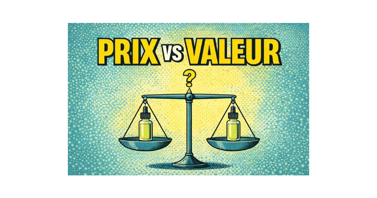 Illustration montrant deux flacons d’e-liquide identiques en équilibre sur une balance, symbolisant la différence entre prix et valeur