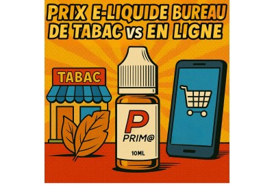 Illustration rétro pop art avec un flacon de e-liquide Prim@ au centre, une boutique de tabac à gauche et un smartphone avec panier e-commerce à droite, accompagnée du titre “Prix e-liquide bureau de tabac vs en ligne”.