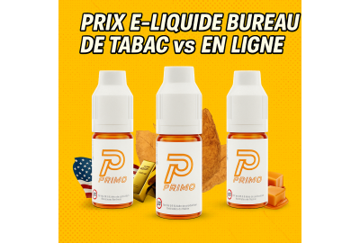 Trois flacons de e-liquide Primo goût tabac sur fond jaune avec texte Prix e-liquide bureau de tabac vs en ligne
