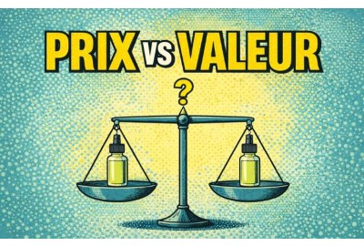 Illustration montrant deux flacons d’e-liquide identiques en équilibre sur une balance, symbolisant la différence entre prix et valeur