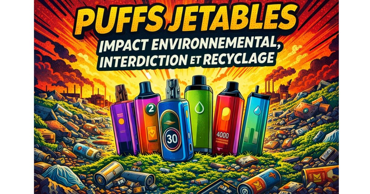 Illustration style bande dessinée représentant des puffs jetables et des batteries usagées avec le titre “Puffs jetables : impact environnemental, interdiction et recyclage” sur fond industriel.