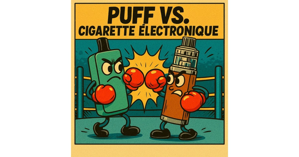 Combat entre une puff et une cigarette électronique dans un style BD rétro avec le titre "PUFF VS. CIGARETTE ÉLECTRONIQUE