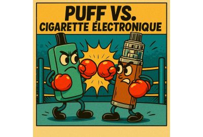 Combat entre une puff et une cigarette électronique dans un style BD rétro avec le titre "PUFF VS. CIGARETTE ÉLECTRONIQUE