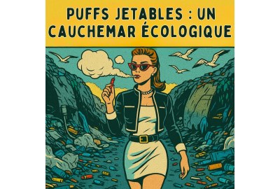 Illustration rétro pop art d’une femme élégante vapotant dans un paysage pollué, avec le texte “Puffs jetables : un cauchemar environnemental enfin derrière nous”.